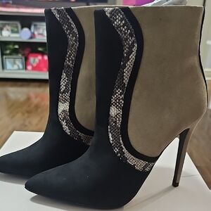 JustFab Black and Tan Heeled Boots with Stiletto